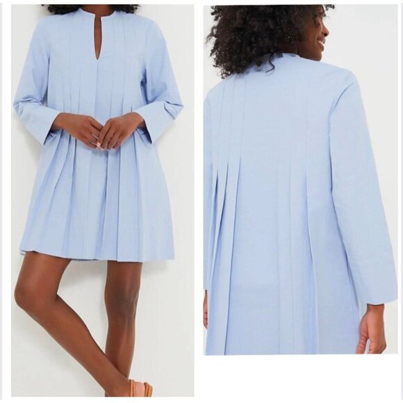 Tuckernuck Sky Blue Luella Mini Dress Pleated Long Sleeve Cotton Size L - Picture 1 of 9